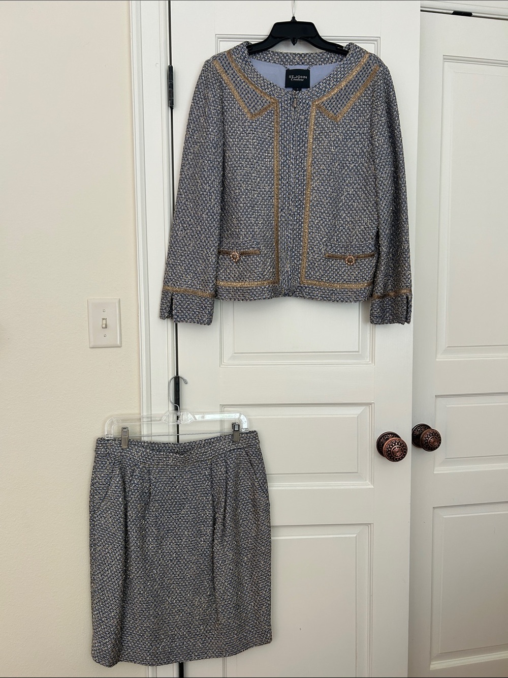 St. John Collection Gray Tweed Skirt Suit with Gold Trim Accents